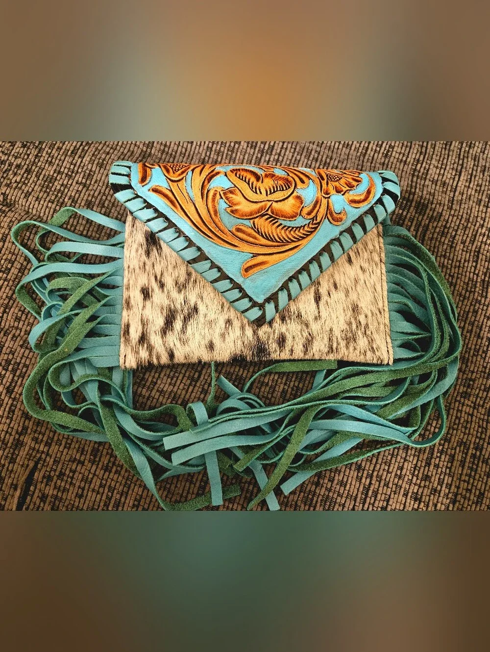 Turquoise & Tan Tooled Fringe Card Holder